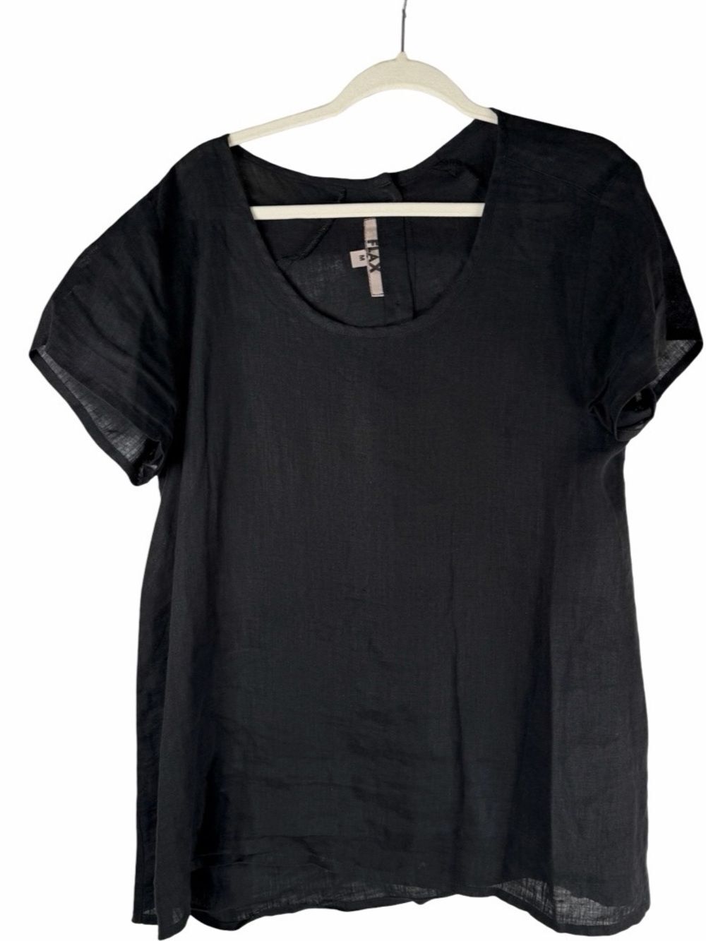 Flax black Linen Lagenlook Scoop Neck Short Sleeve Button Back Top Size Medium